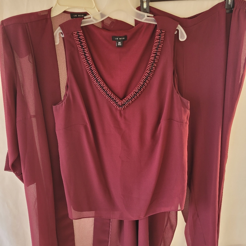 Le Bos wine 3pc pant set w duster 18W